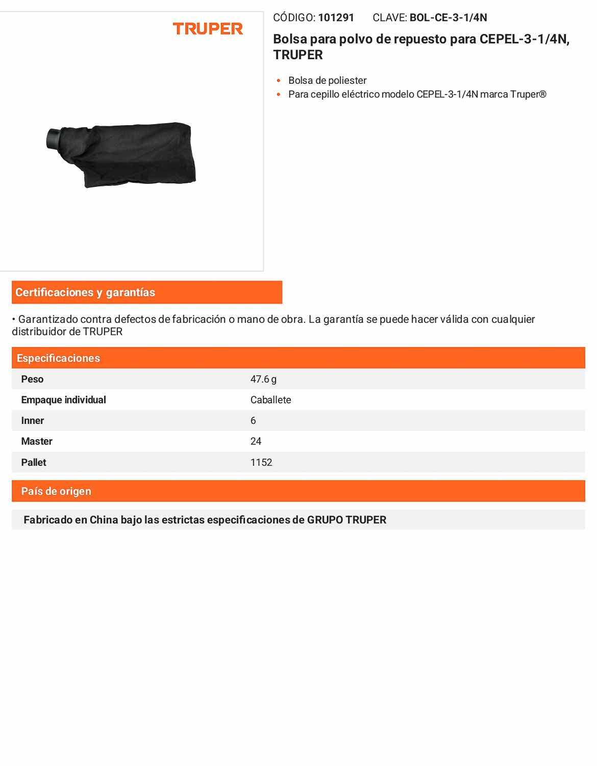 Bolsa para polvo de repuesto para CEPEL-3-1/4N