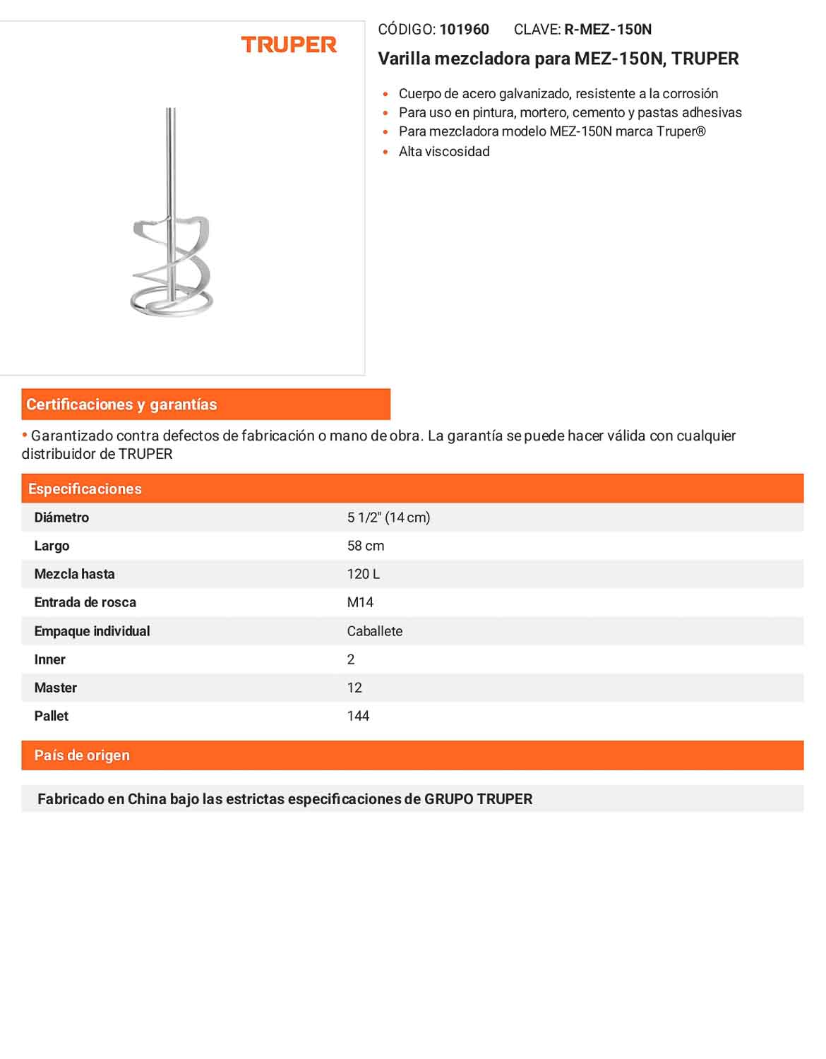 Varilla mezcladora para MEZ-150N TRUPER