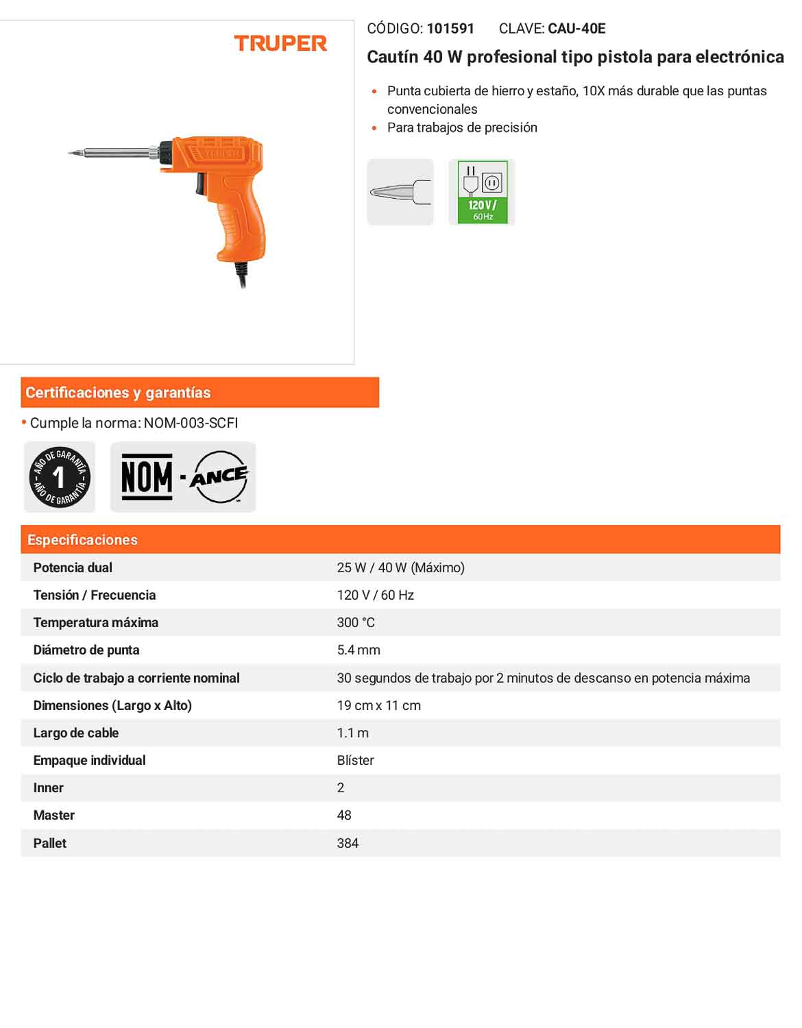 Cautín de 40 W tipo pistola para electrónica