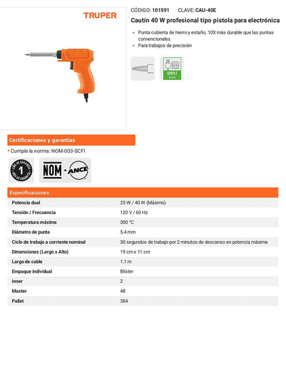 Cautín de 40 W tipo pistola para electrónica