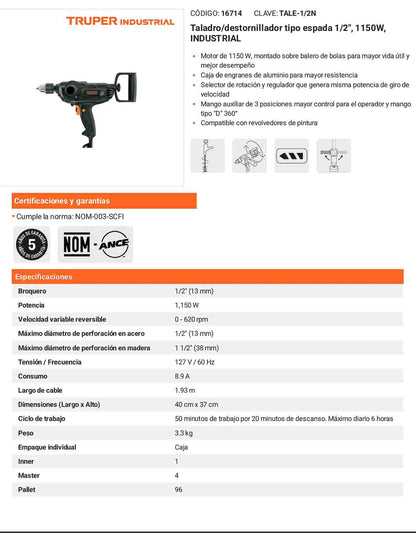 Taladro/destornillador tipo espada 1/2" 1150 W industrial