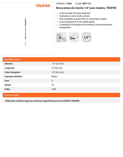 Broca plana de manita 1/4" para madera