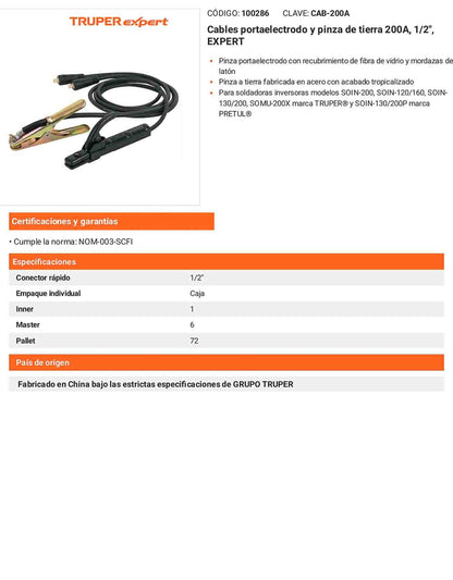 Cables portaelectrodo y pinza de tierra 200A