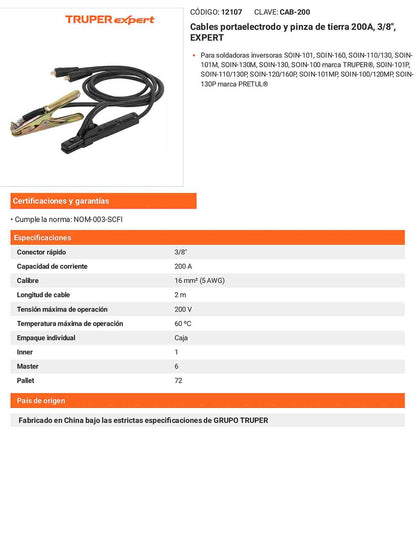 Cables portaelectrodo y pinza de tierra 200A