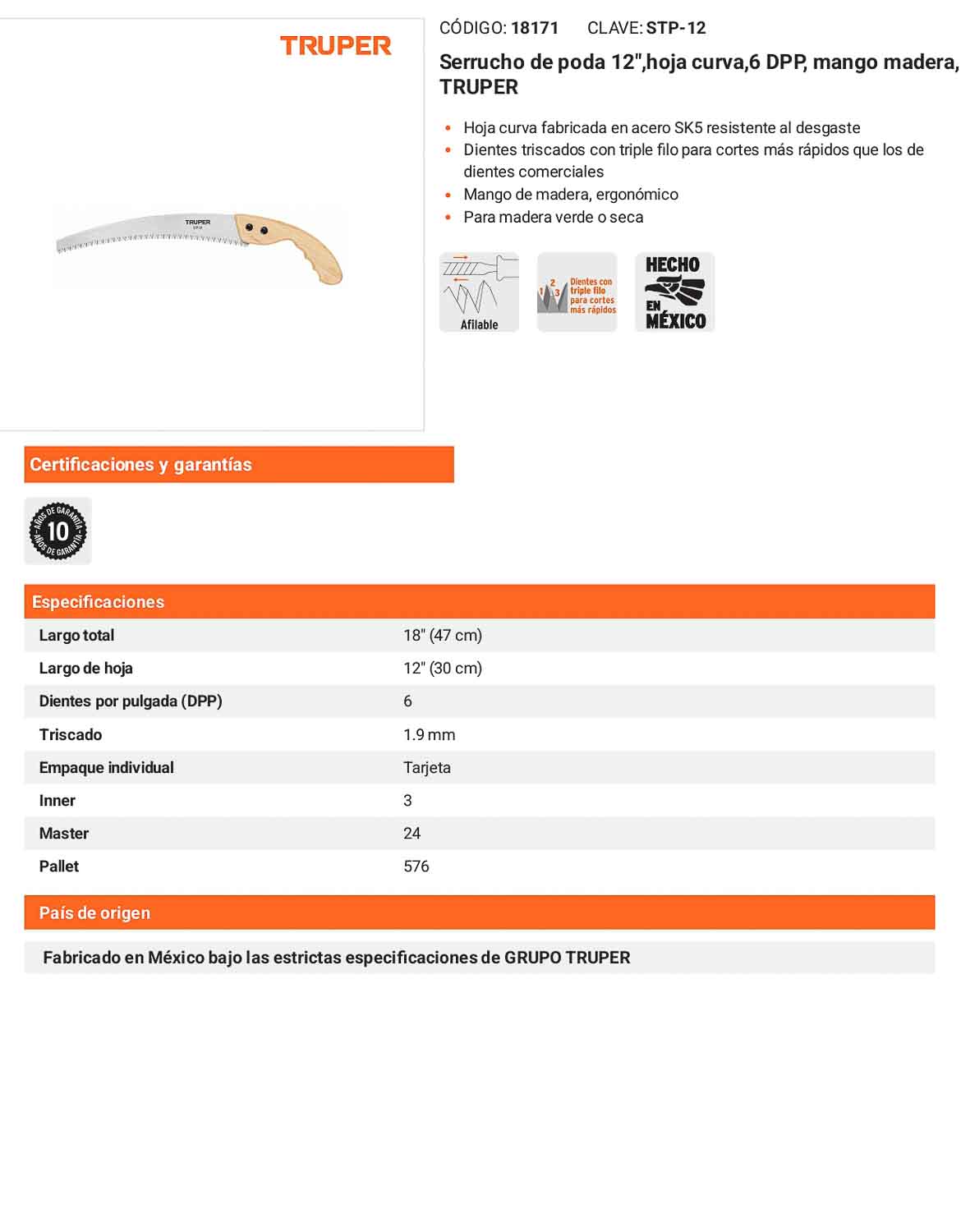 Serrucho de poda 12hoja curva6 DPP mango