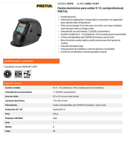 Careta electrónica para soldar 9-13 semiprofesional Semiprofesional