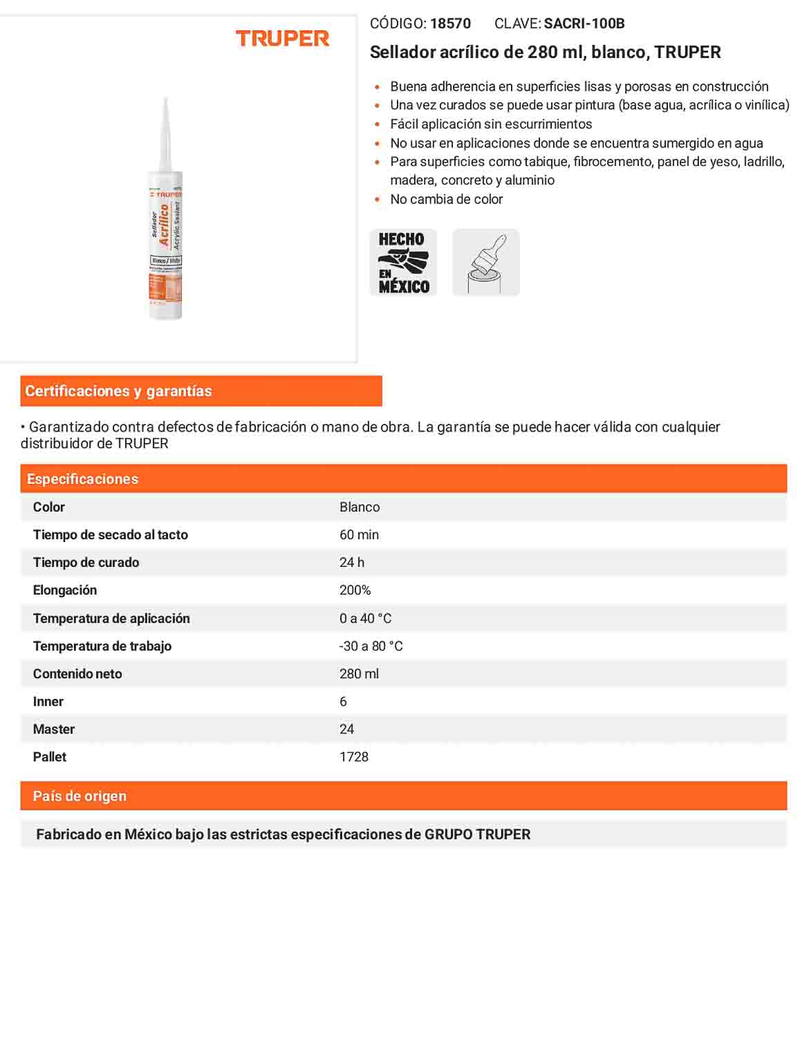 Sellador acrílico de 280 ml blanco