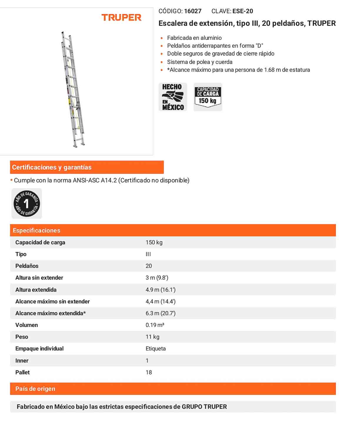 Escalera de extensión tipo III con 20 peldaños