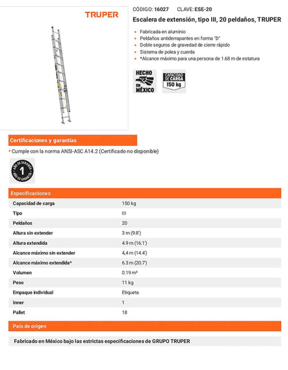 Escalera de extensión tipo III con 20 peldaños