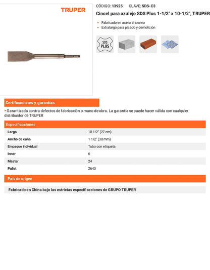 Cincel para azulejo SDS Plus de 1-1/2" x 10-1/2"