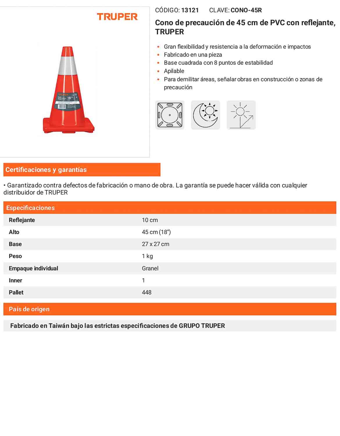 Cono de precaución de 45 cm