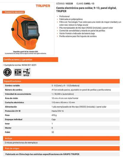Careta electrónica para soldar 9-13 panel digital