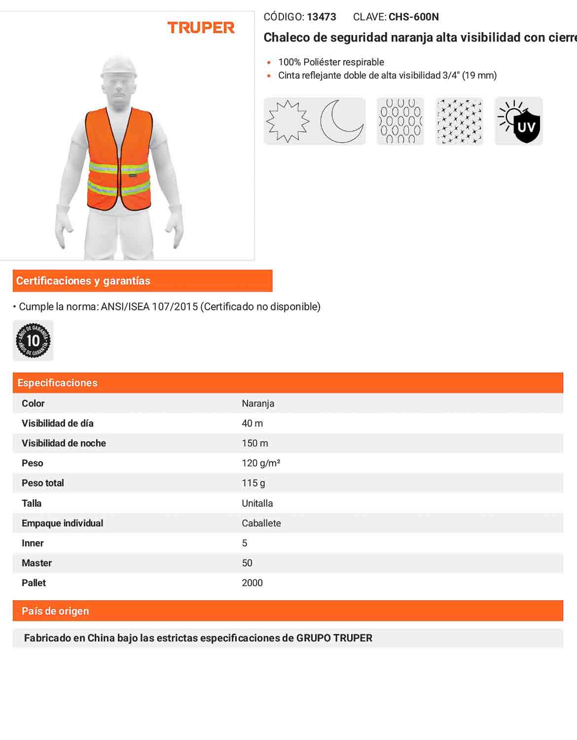 Chaleco de seguridad naranja alta visibilidad con