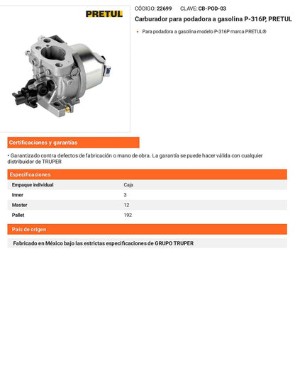 Carburador para podadora a gasolina P-316P para podadora