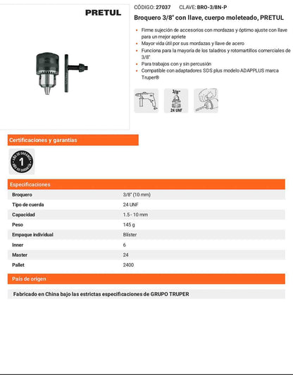 Broquero 3/8" con llave cuerpo moleteado PRETUL