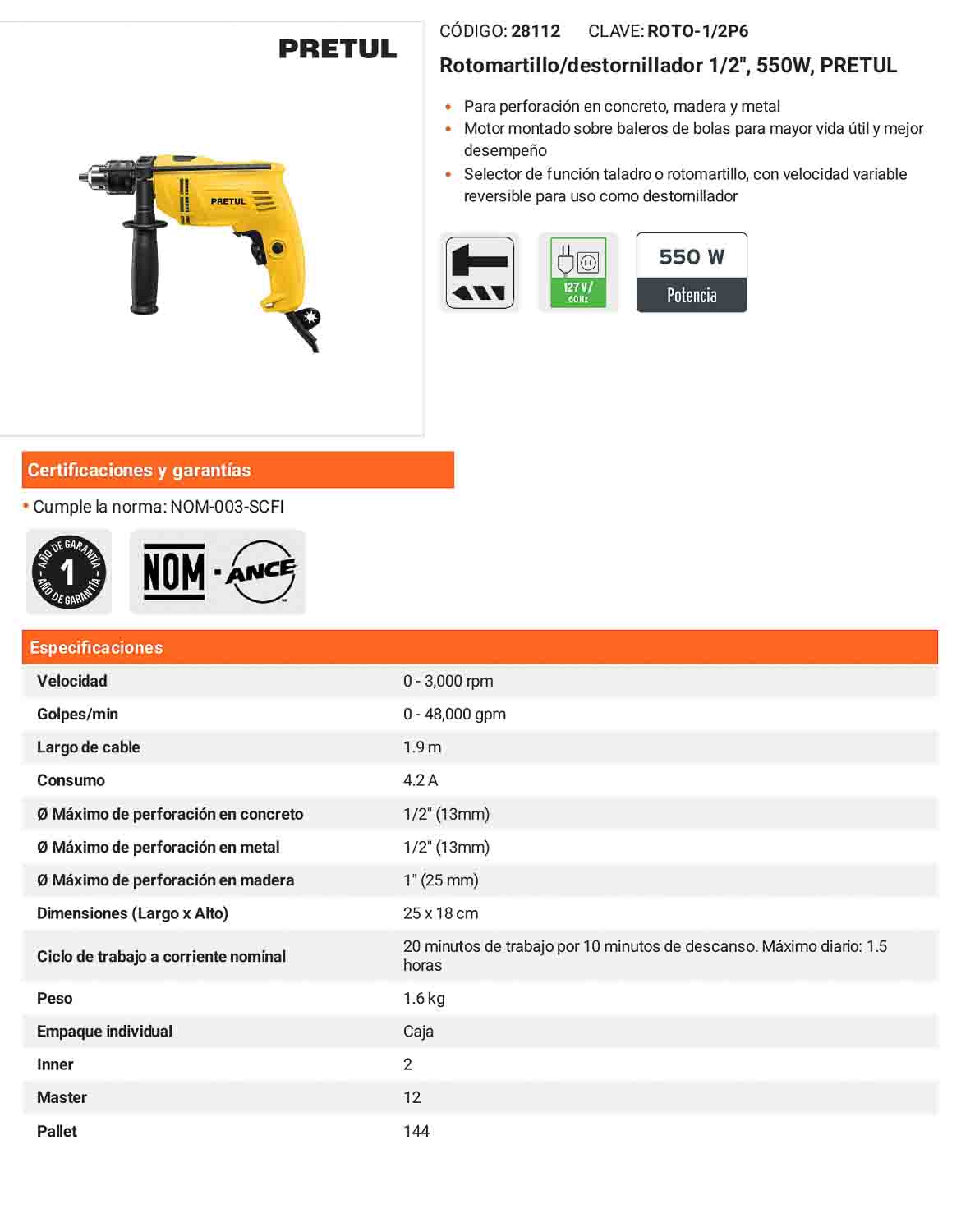 Rotomartillo/destornillador 1/2" 550 W PRETUL