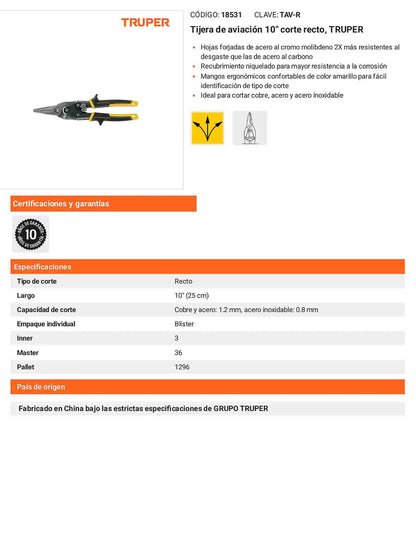 Tijera de aviación corte recto 10
