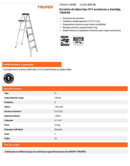 Escalera de tijera tipo III con bandeja 5 peldaños