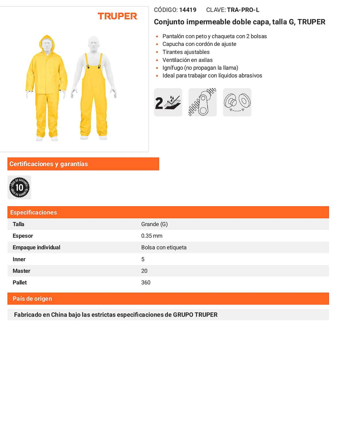 Conjunto impermeable doble capa talla G