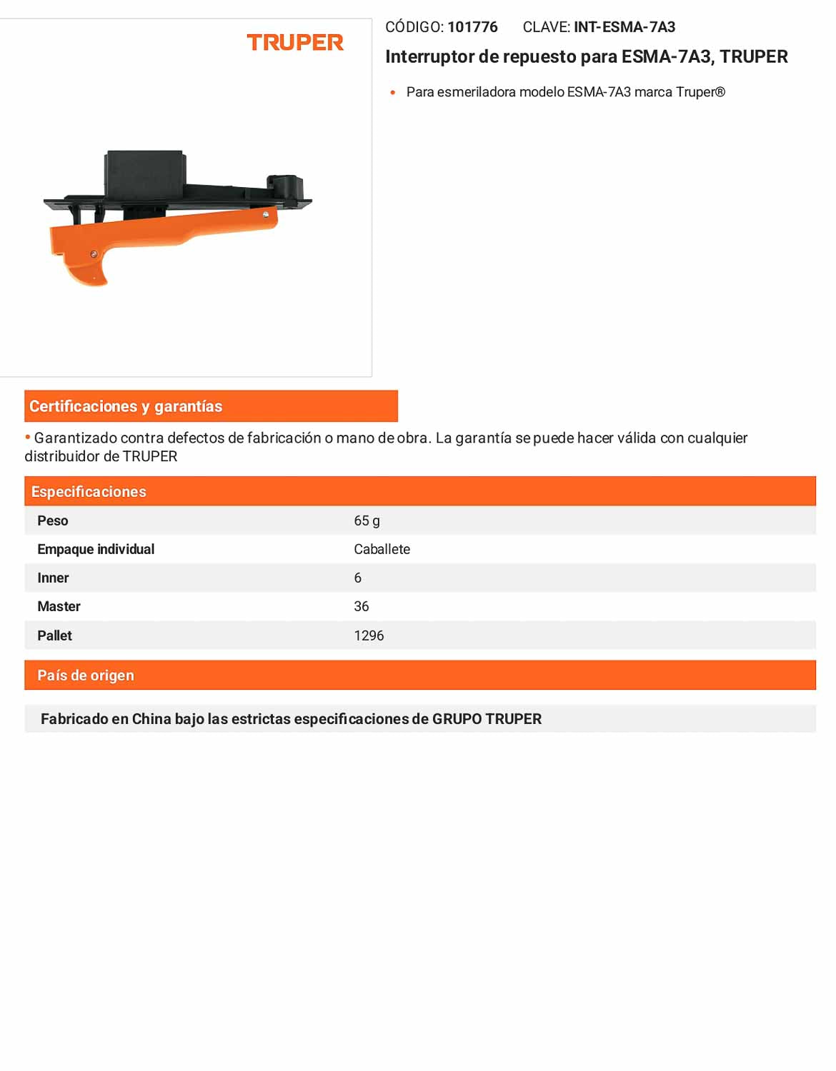 Interruptor de repuesto para esmeriladoras compatible con modelo ESMA-7A3