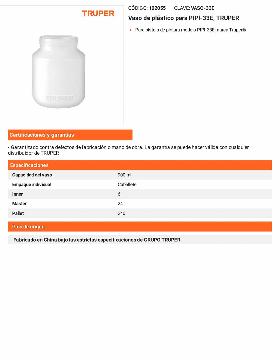Vaso de plástico para PIPI-33E Para pistola