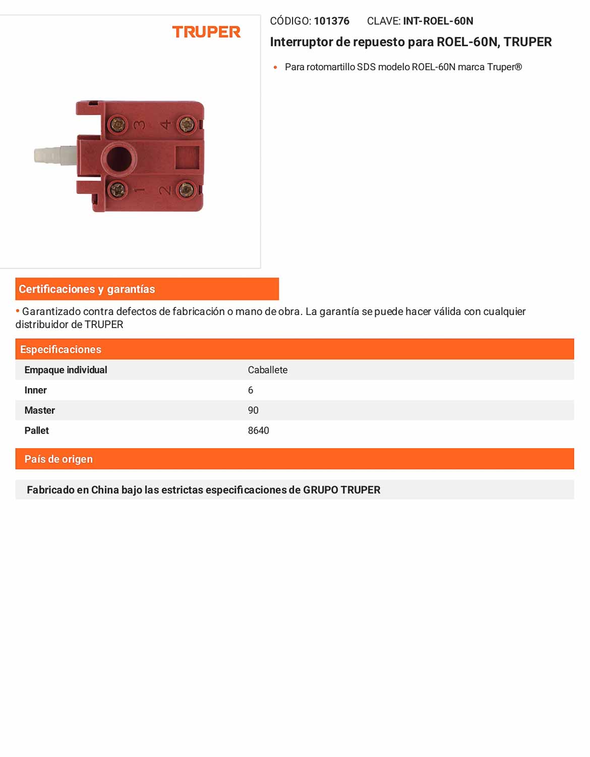 Interruptor de repuesto para ROEL-60N TRUPER