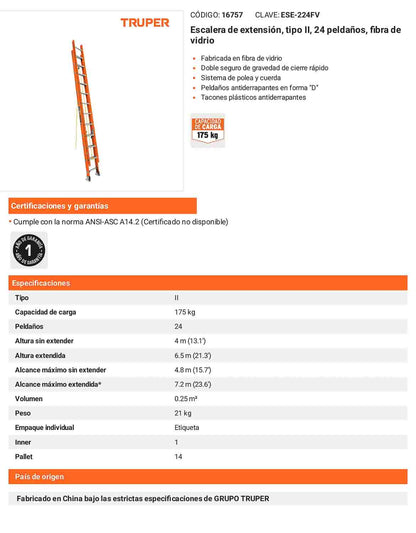 Escalera de extensión fibra de vidrio tipo II 24