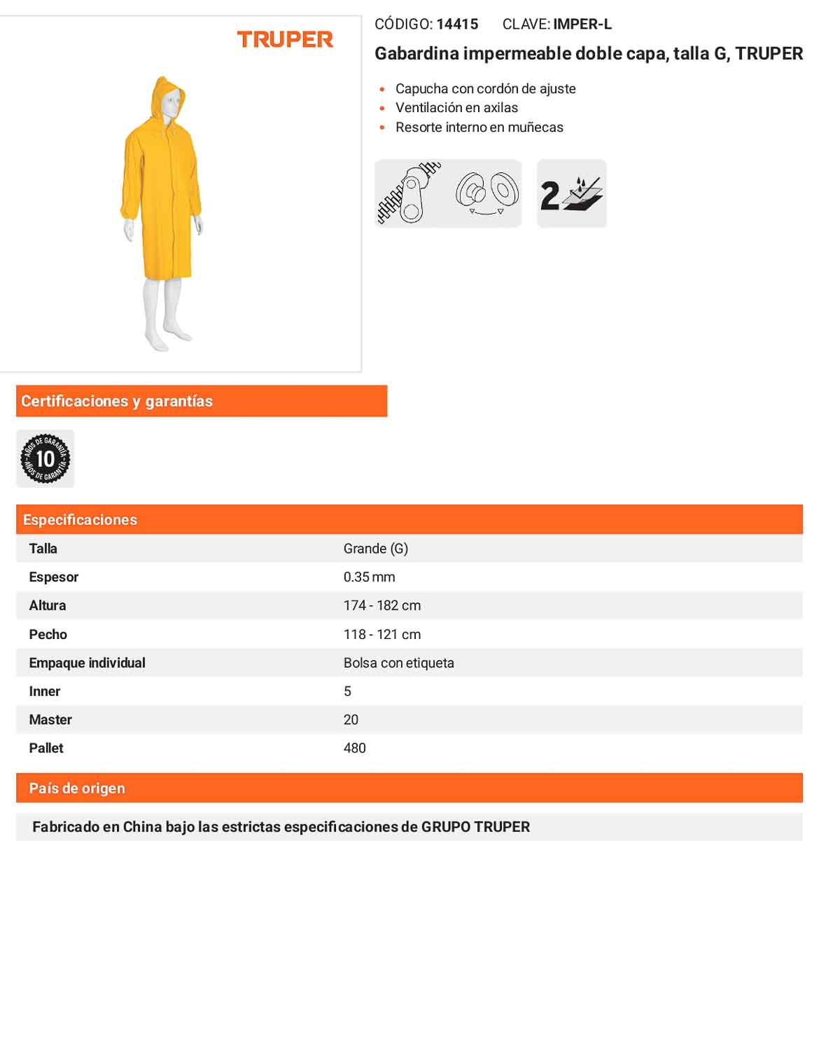 Gabardina impermeable doble capa talla G