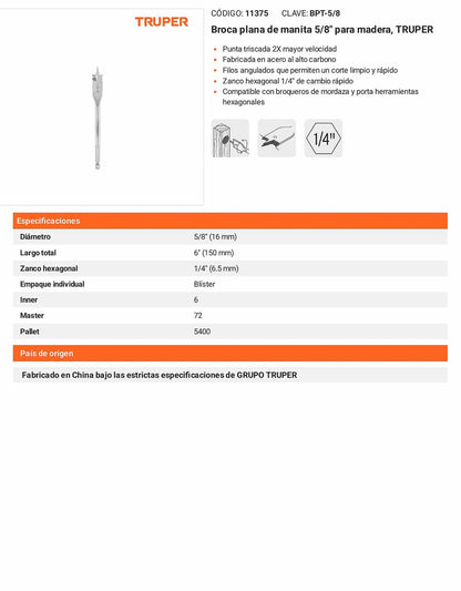 Broca plana de manita 5/8" para madera