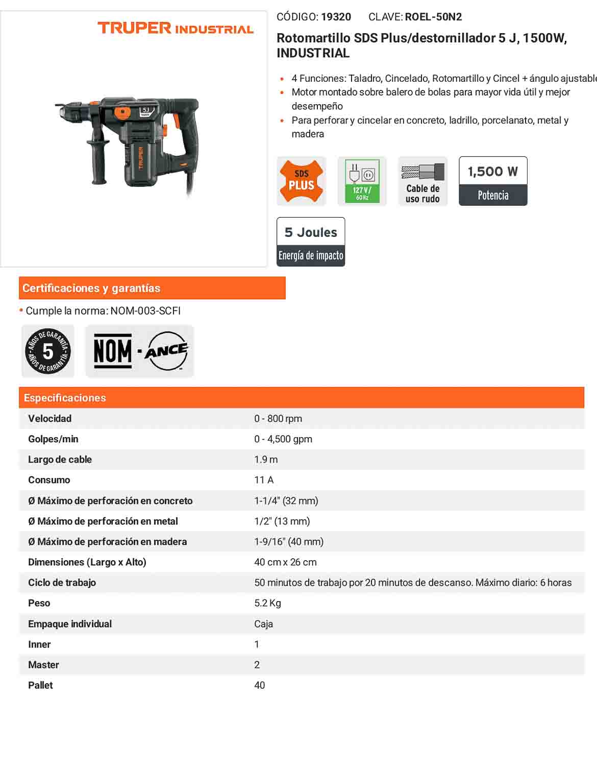 Rotomartillo SDS Plus de 1500 W y 5 J con 4 funciones para trabajo industrial