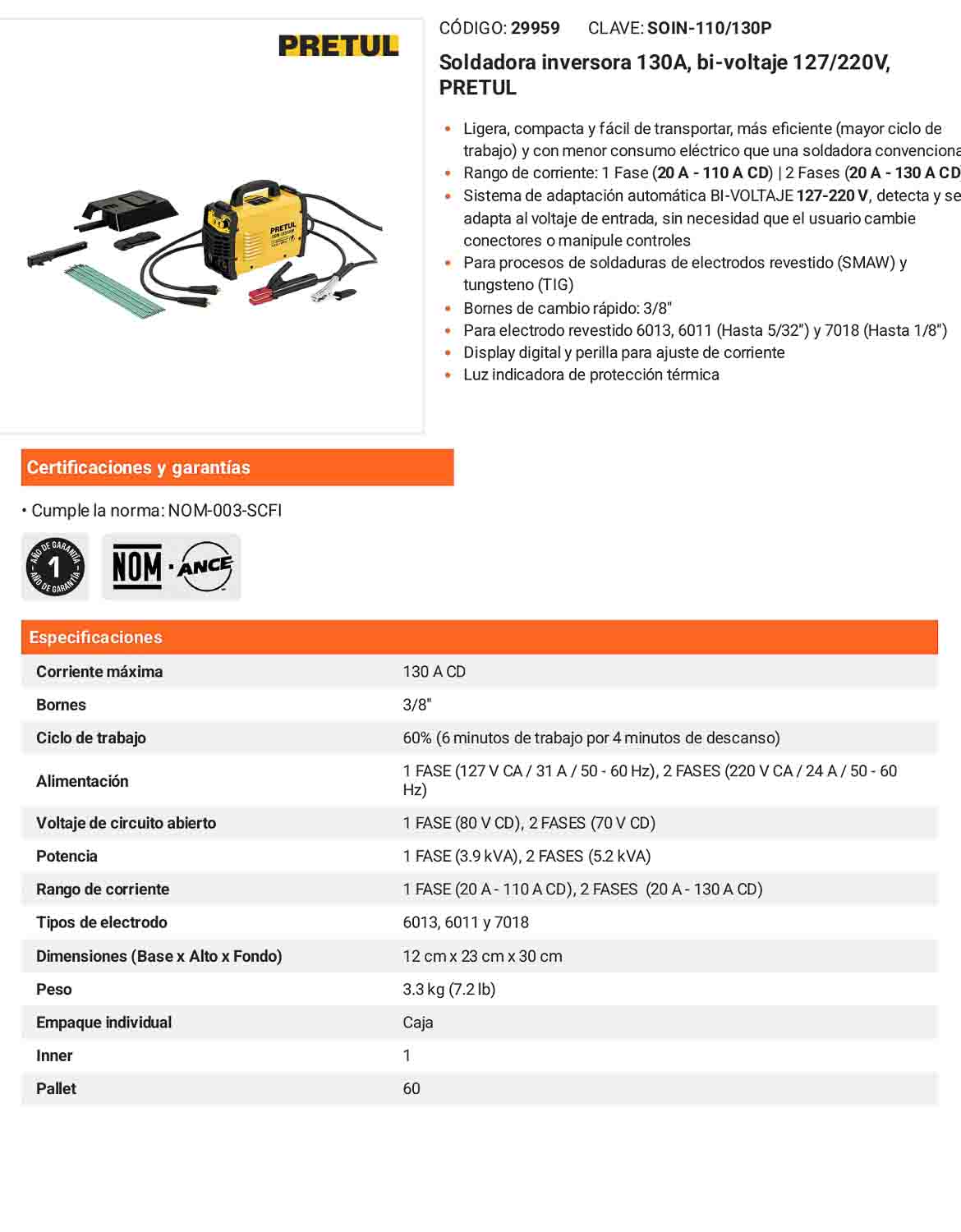 Soldadora inversora 130A bi-voltaje 127/220V Ligera compacta