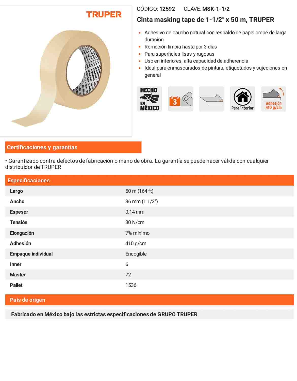 Cinta masking tape de 1-12 x 50
