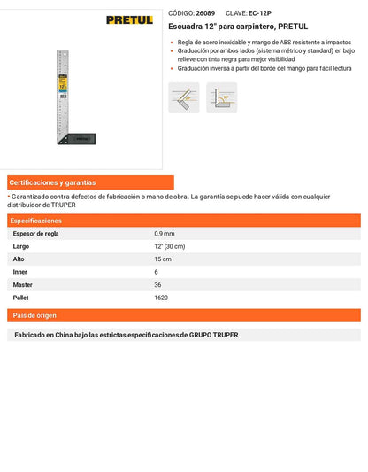 Escuadra para carpintero con mango 12