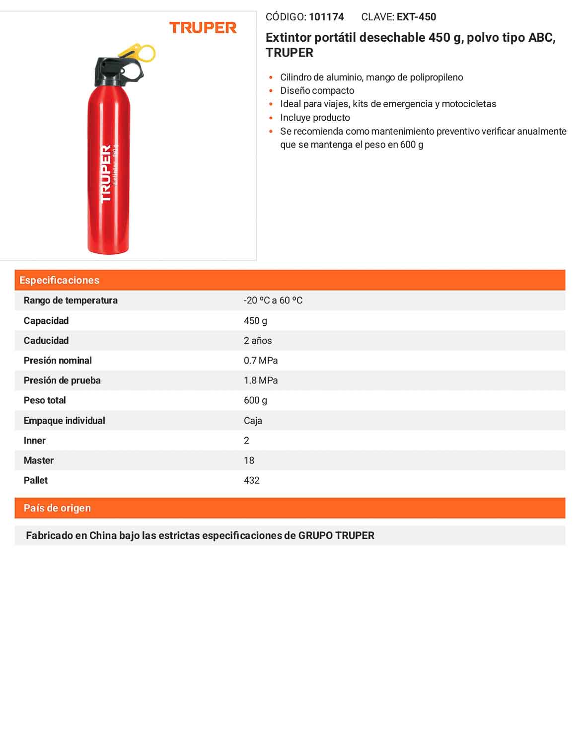 Extintor portátil desechable 450 g polvo