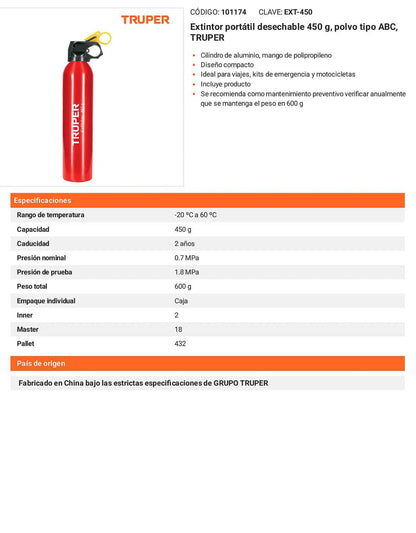 Extintor portátil desechable 450 g polvo