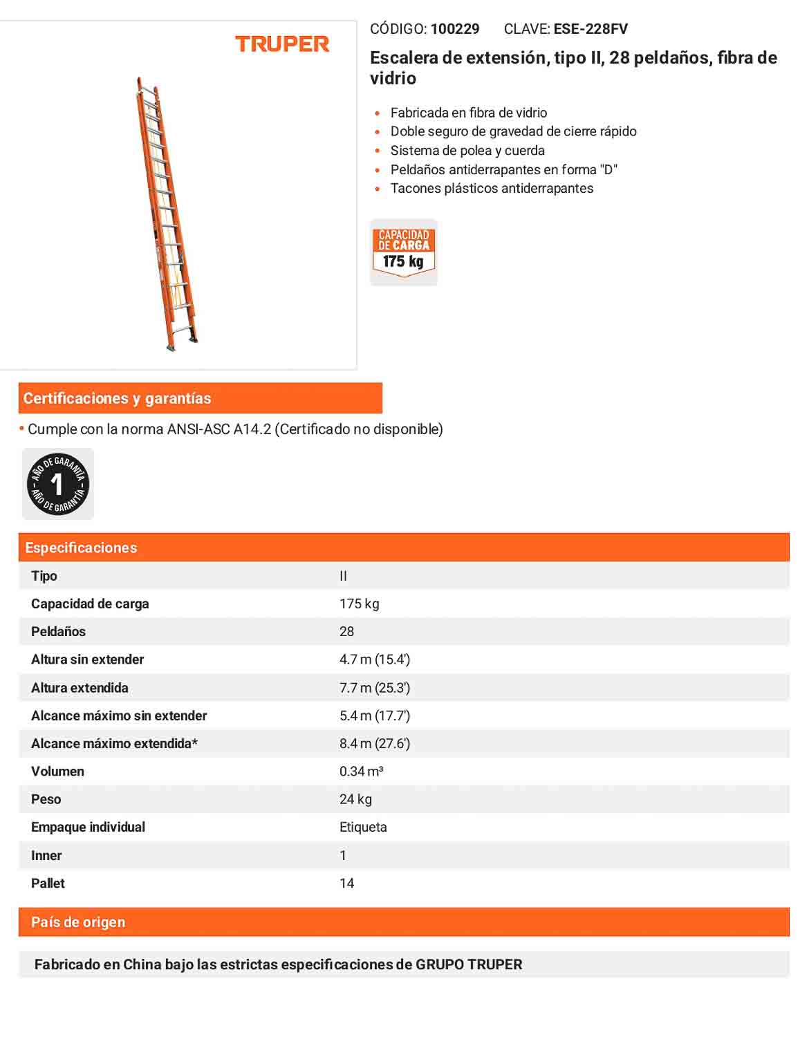 Escalera de extensión fibra de vidrio tipo II 28