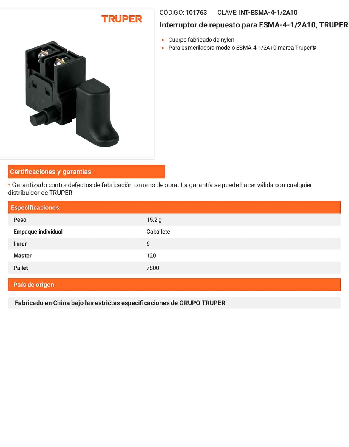 Interruptor de repuesto para esmeriladoras compatible con modelo ESMA-4-1/2A10