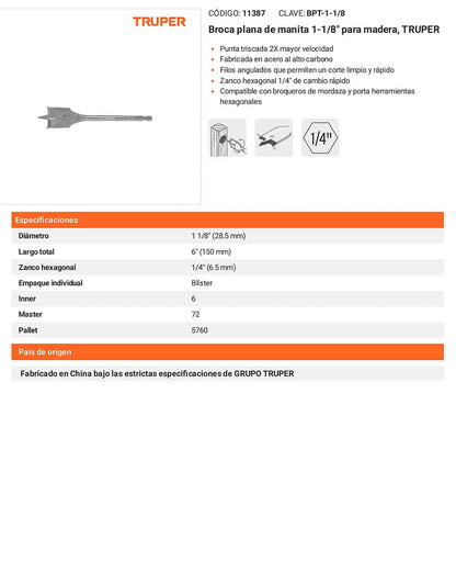 Broca plana de manita 1-1/8" para madera