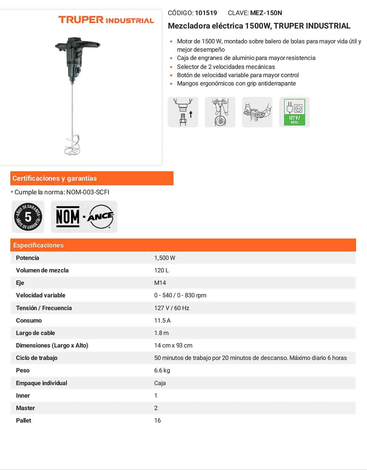 Mezcladora eléctrica 1500 W industrial