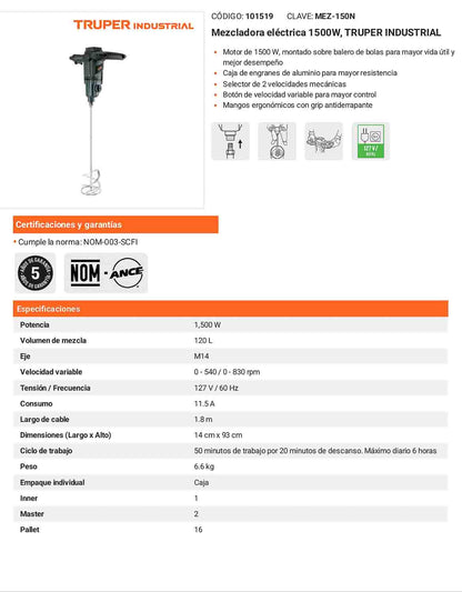 Mezcladora eléctrica 1500 W industrial