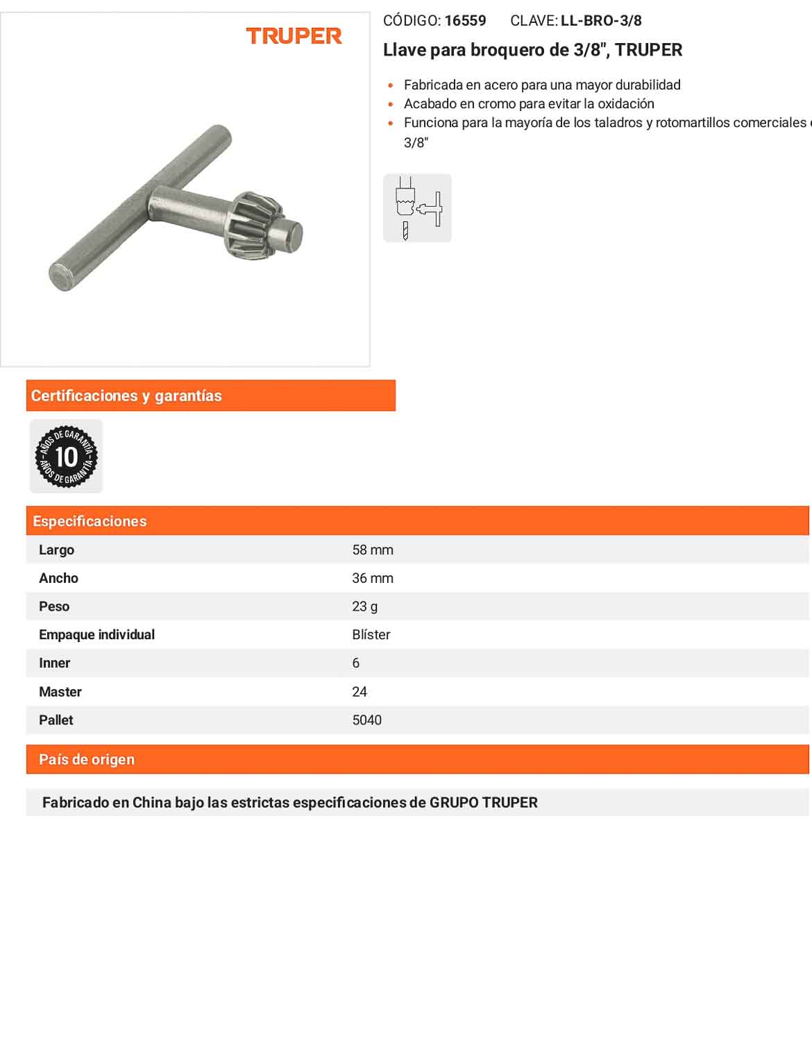 Llave para broquero de 3/8"