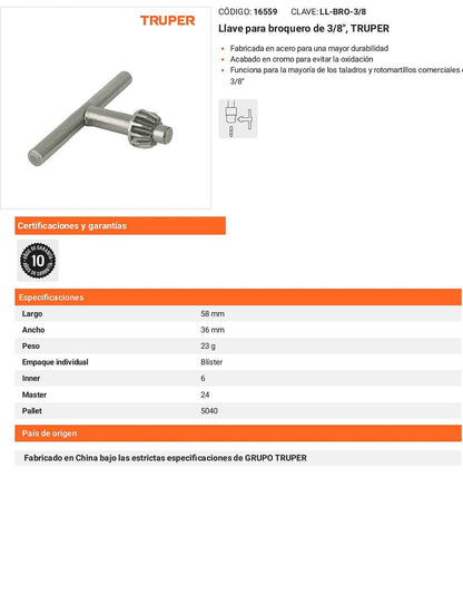 Llave para broquero de 3/8"