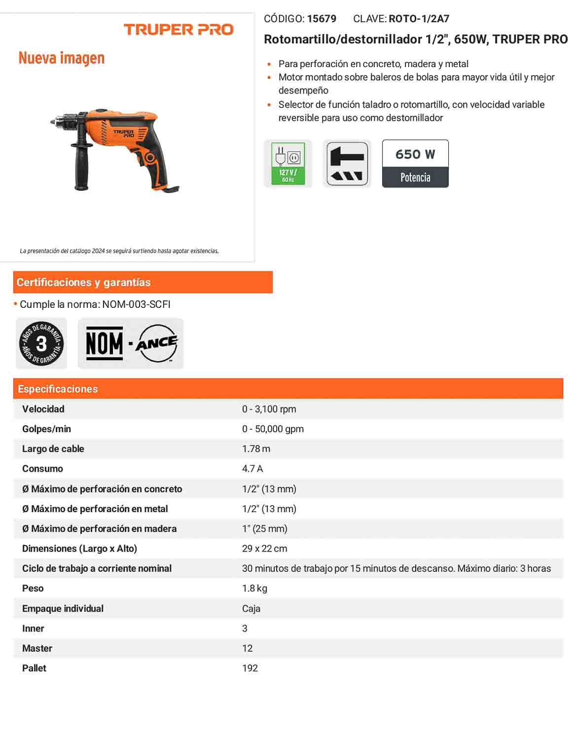 Rotomartillo/destornillador 1/2" 650 W TRUPER PRO