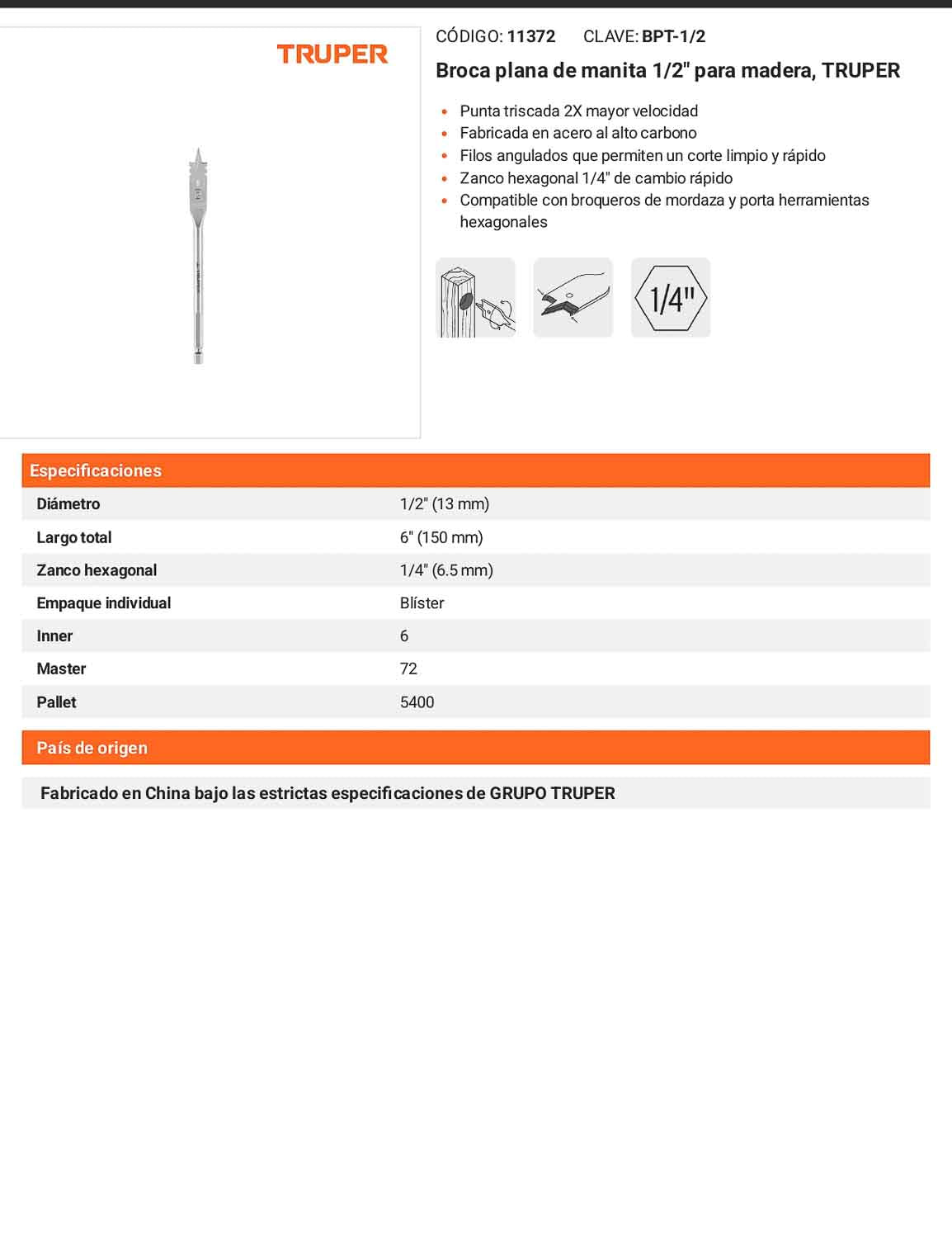 Broca plana de manita 1/2" para madera