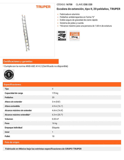 Escalera de extensión tipo II con 20 peldaños