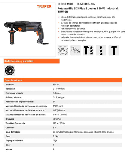 Rotomartillo SDS Plus de 850 W y 3 J con mango auxiliar para trabajo industrial
