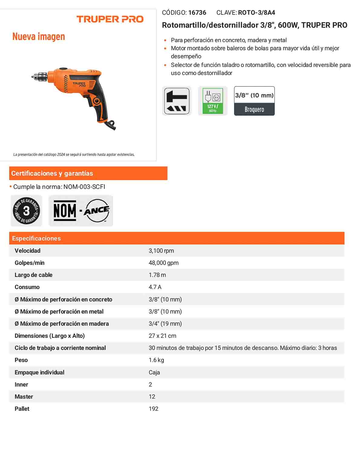 Rotomartillo/destornillador 3/8" 600 W TRUPER PRO