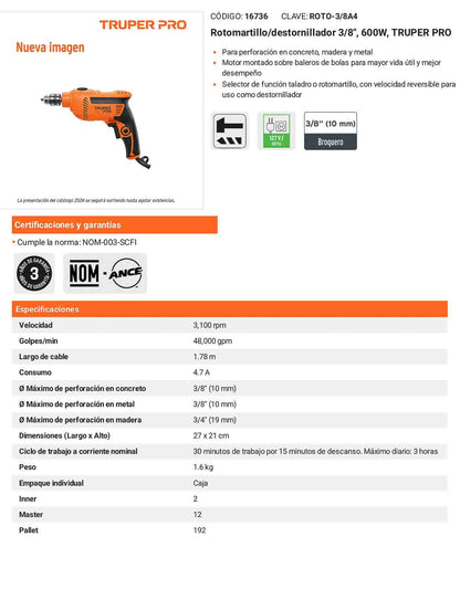 Rotomartillo/destornillador 3/8" 600 W TRUPER PRO