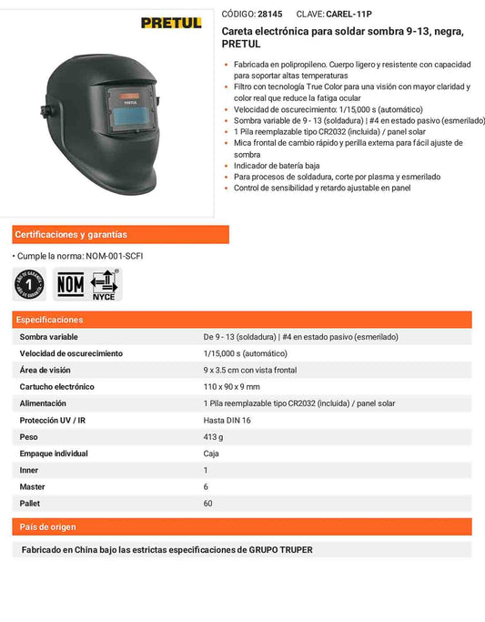 Careta electrónica para soldar sombra 9-13 negra