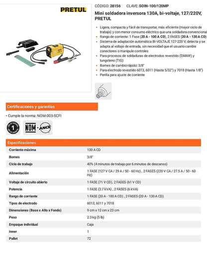 Mini soldadora inversora 130A bi-voltaje 127/220V Ligera